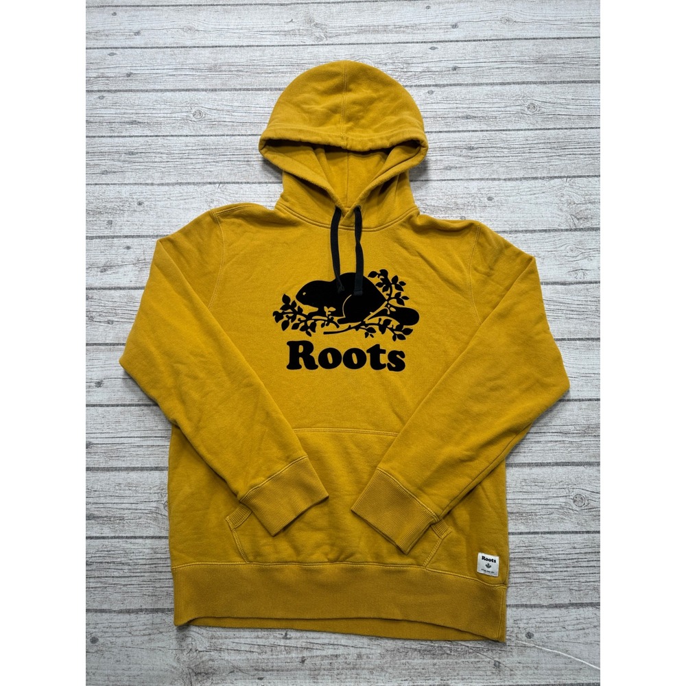 Roots Hoodie Mens Small Yellow Fleece Lined Loose Fit Pullover Athleisure Lounge